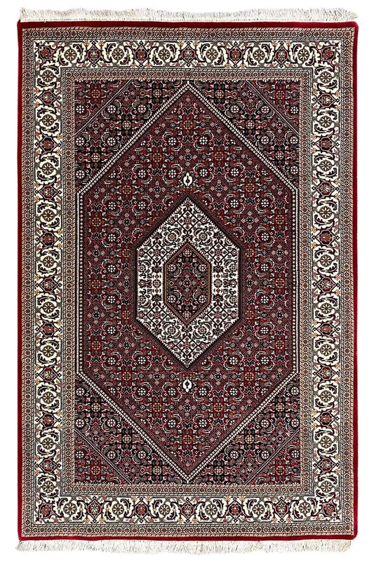 Bidjar oriental rug, framed diamond pattern in Bordeaux, cream, and dark blue