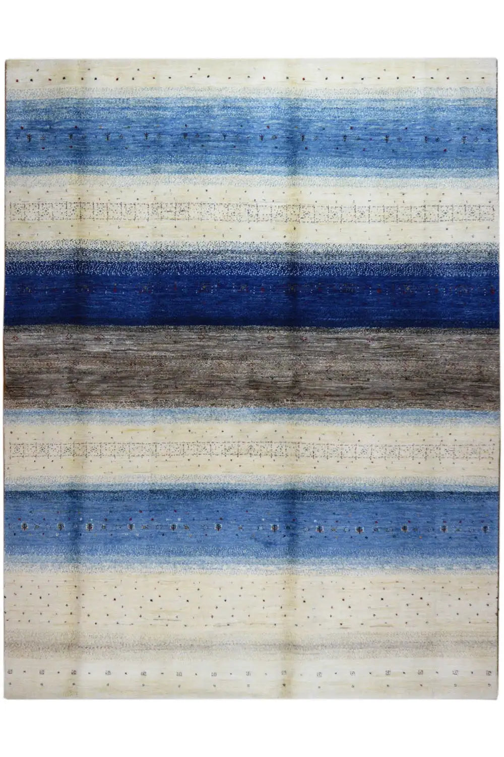 Gabbeh-Lori rug 253×193 cm, wide blue and brown bands, beige field