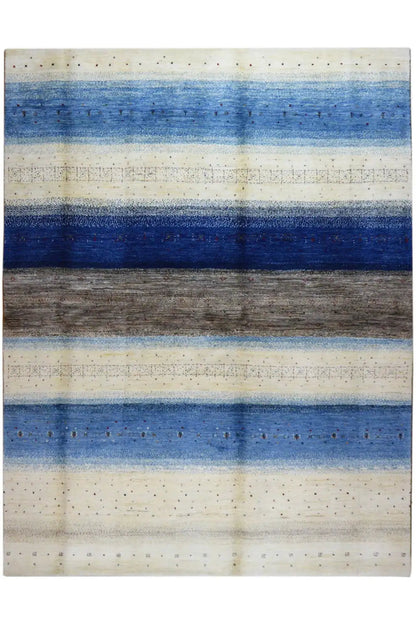 Gabbeh-Lori rug 253×193 cm, wide blue and brown bands, beige field