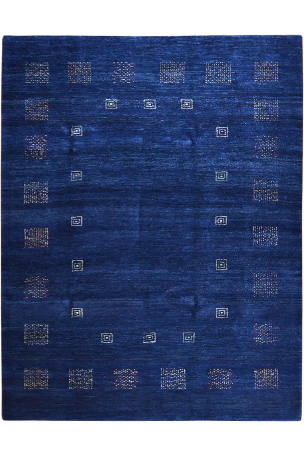 Blue rug with subtle ornaments made of small squares and border patterns