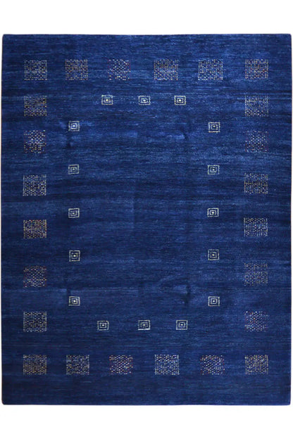 Blue rug with subtle ornaments made of small squares and border patterns