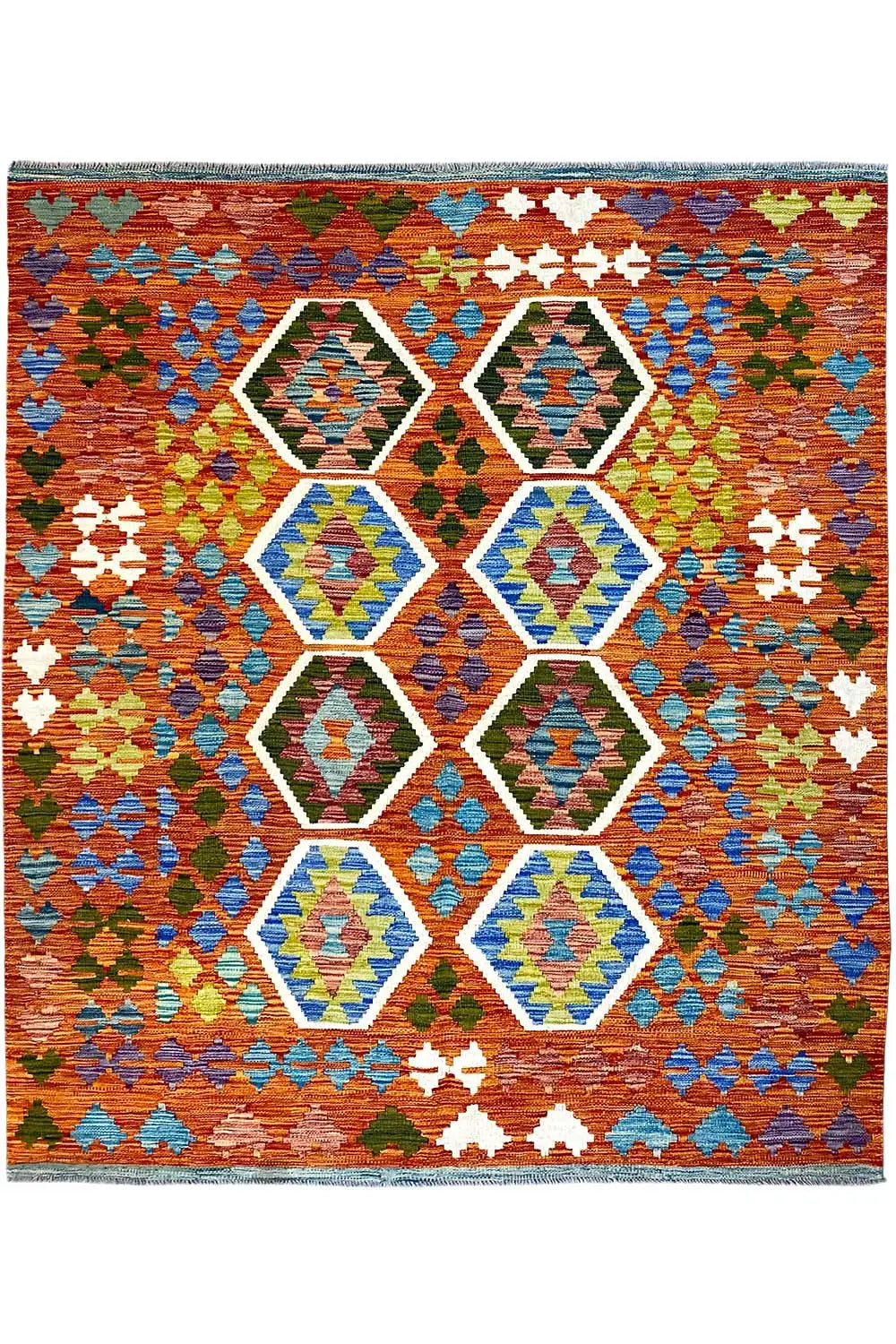Afghan kilim (194x152 cm) with a geometric diamond and zigzag pattern in orange, blue, and green
