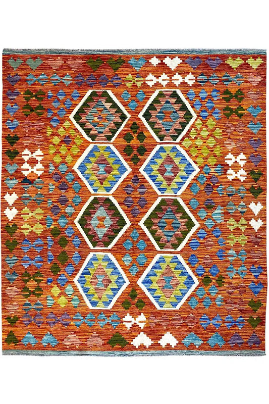 Afghan kilim (194x152 cm) with a geometric diamond and zigzag pattern in orange, blue, and green