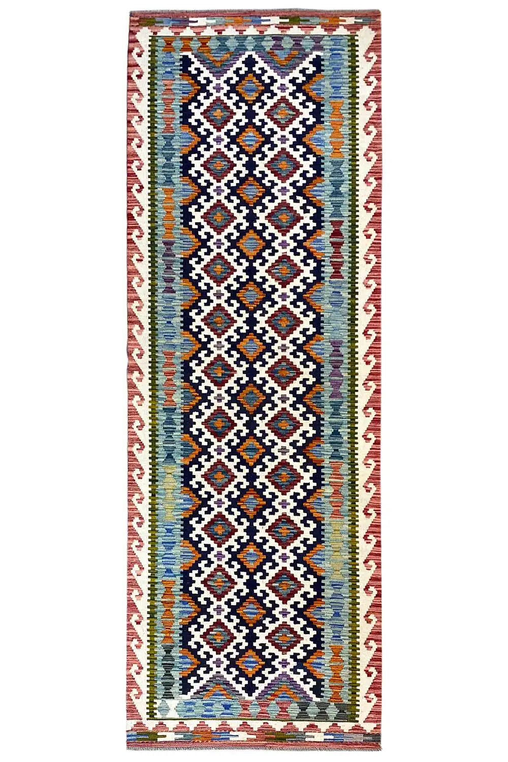 Rectangular kilim runner with a geometric pattern in red, blue, green, and white