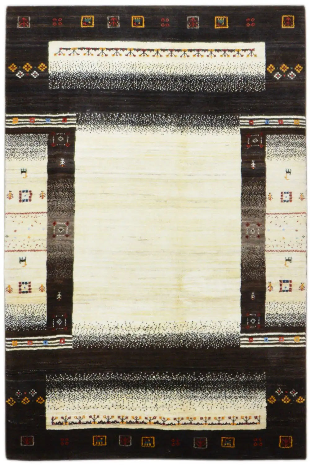 Rectangular rug with a dark border and cream-colored central area, decorative borders