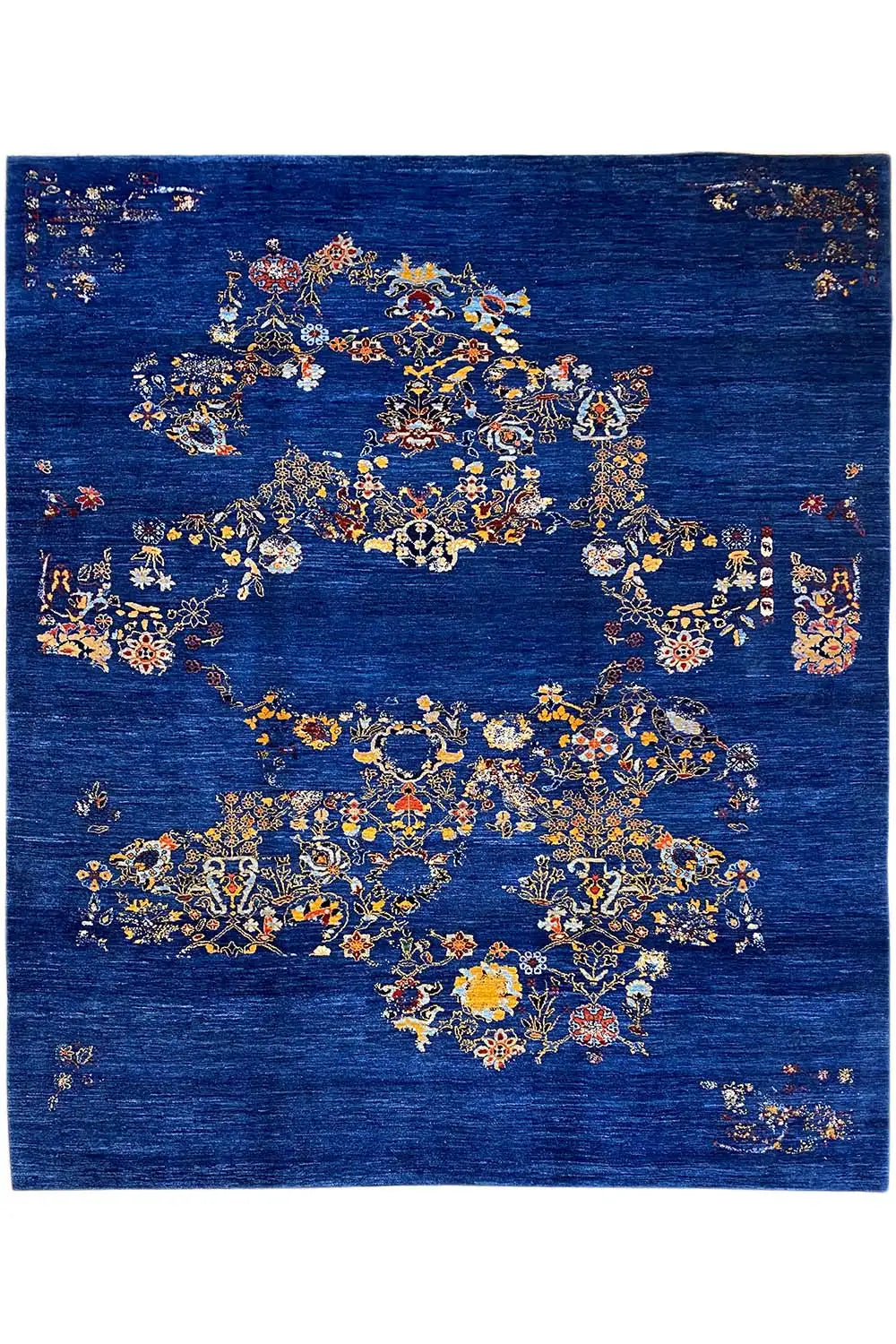 Blue Gabbeh rug, large central floral pattern with multicolored medallions