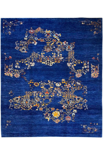 Blue Gabbeh rug, large central floral pattern with multicolored medallions
