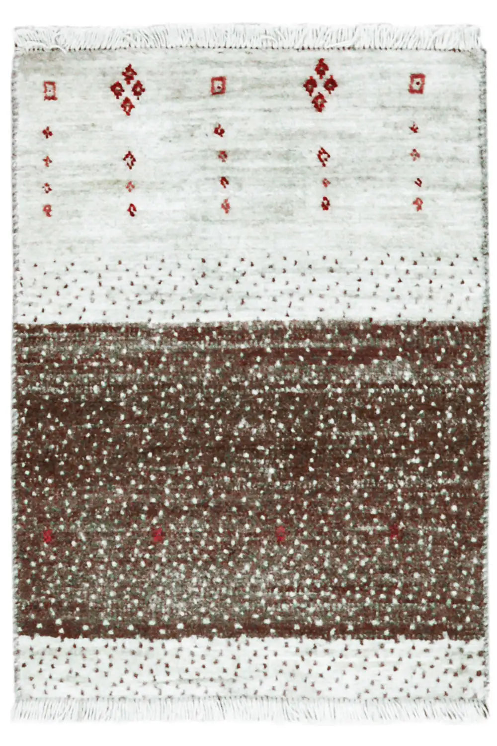 Gabbeh rug 58x43 cm with fringes, cream-colored field and brown center stripe