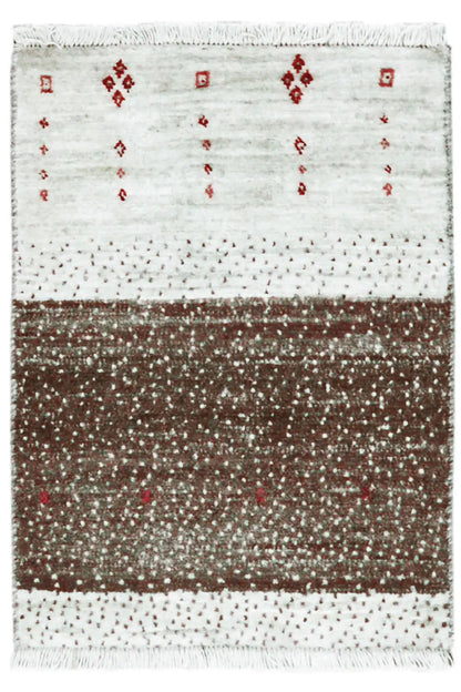 Gabbeh rug 58x43 cm with fringes, cream-colored field and brown center stripe