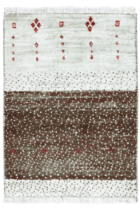 Gabbeh rug 58x43 cm with fringes, cream-colored field and brown center stripe