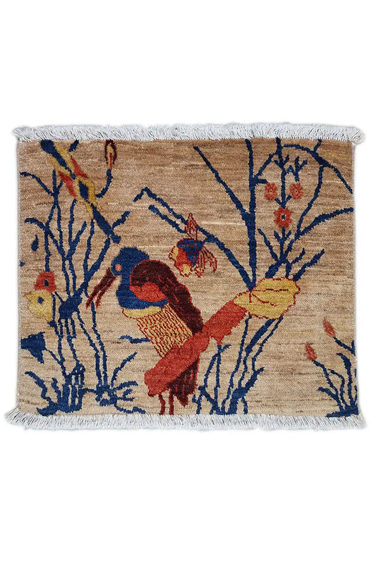 Rug 63x50 cm with a bird motif, blue branches, and fringe on all sides