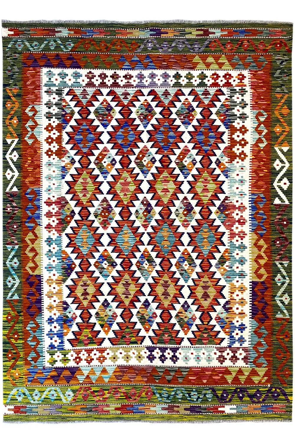 Kilim rug (212x146 cm) with a rectangular border and diamond pattern