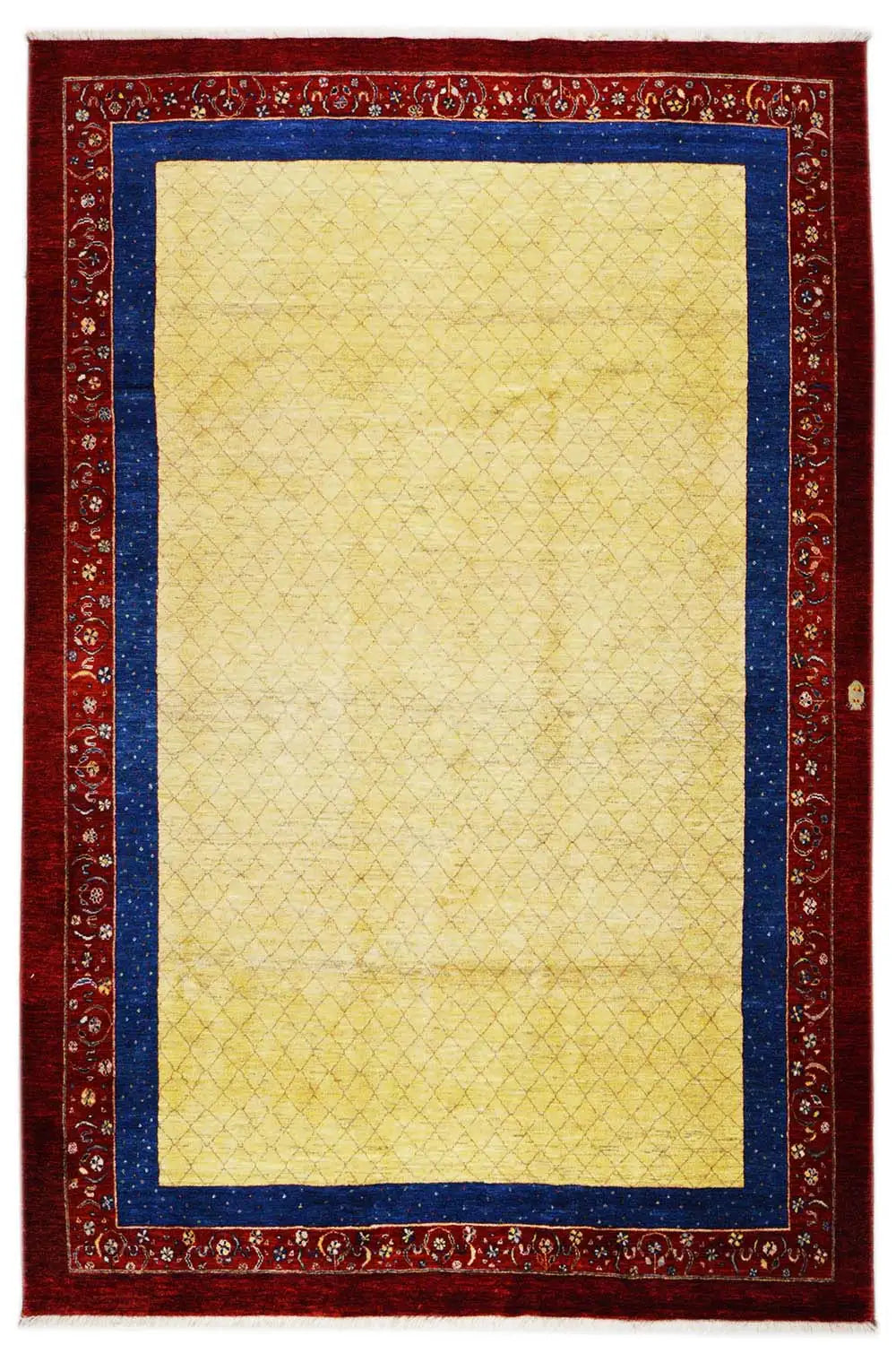 Rectangular oriental rug with a beige patterned field, red border, and blue lines