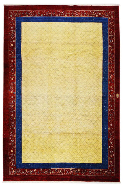 Rectangular oriental rug with a beige patterned field, red border, and blue lines