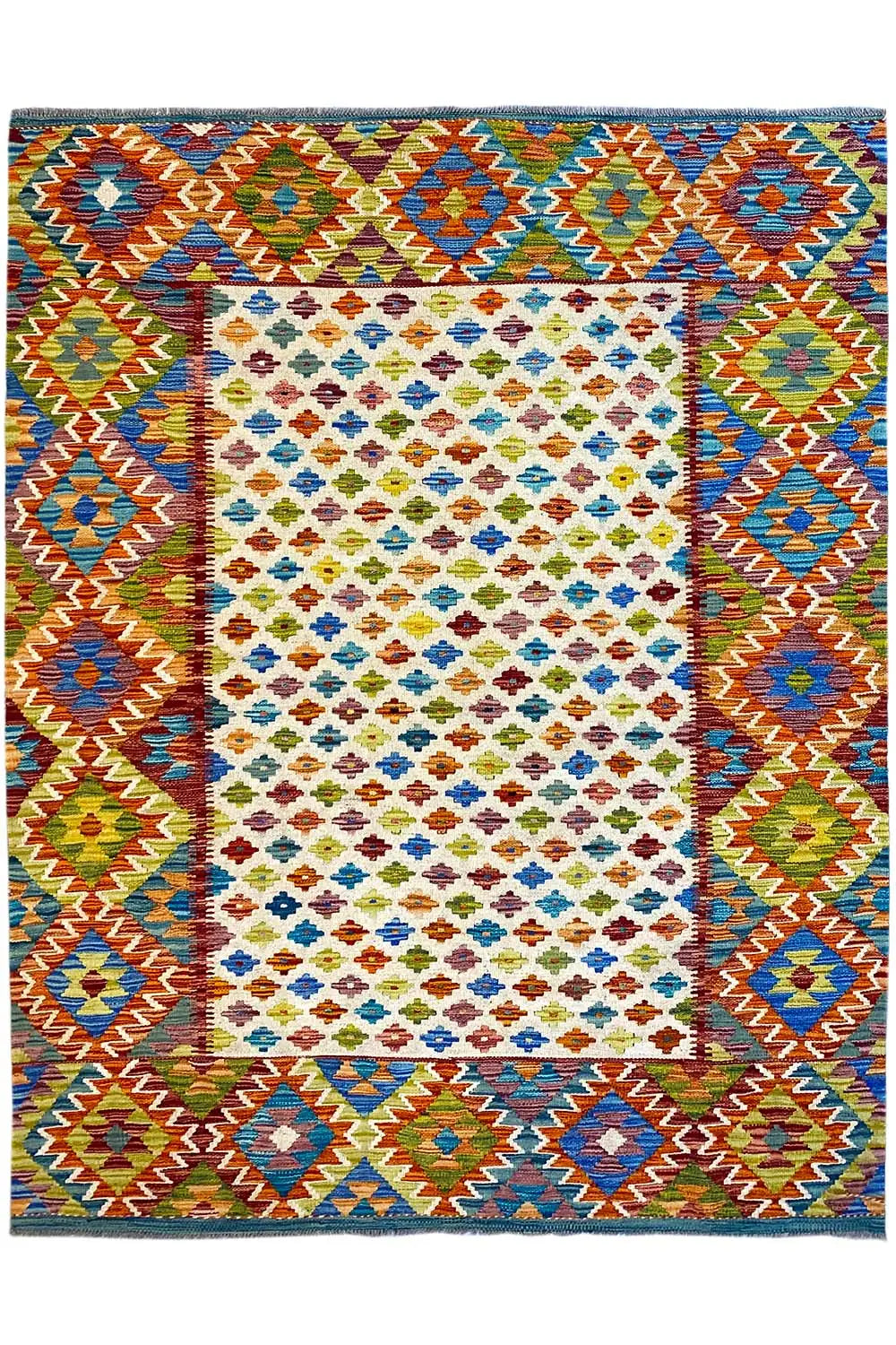 Afghan kilim, rectangular rug with colorful zigzag and diamond patterns