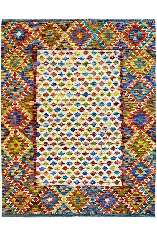 Afghan kilim, rectangular rug with colorful zigzag and diamond patterns