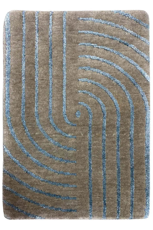 Designer rug with turquoise line swirls on a beige background