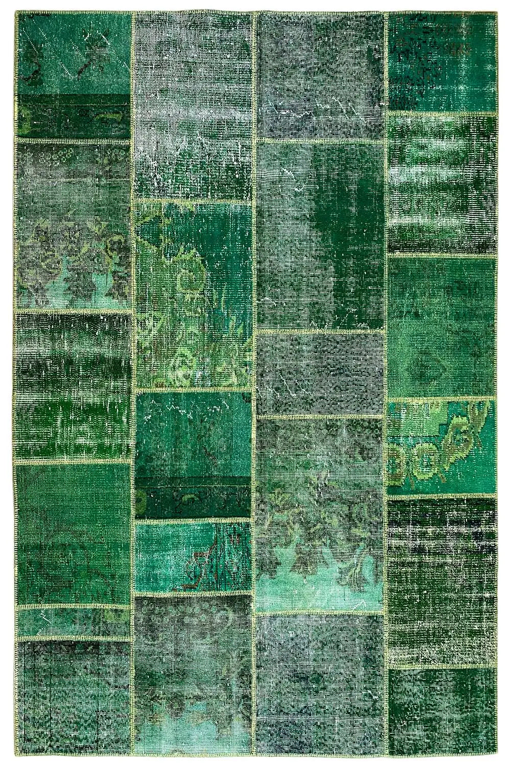 Green-gray patchwork rug with rectangular sections and a varied pattern
