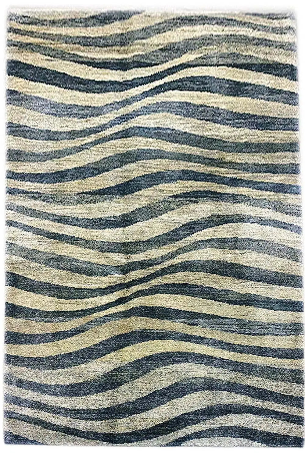 Large-scale Gabbeh rug: wavy zebra stripes in blue, gray, and beige