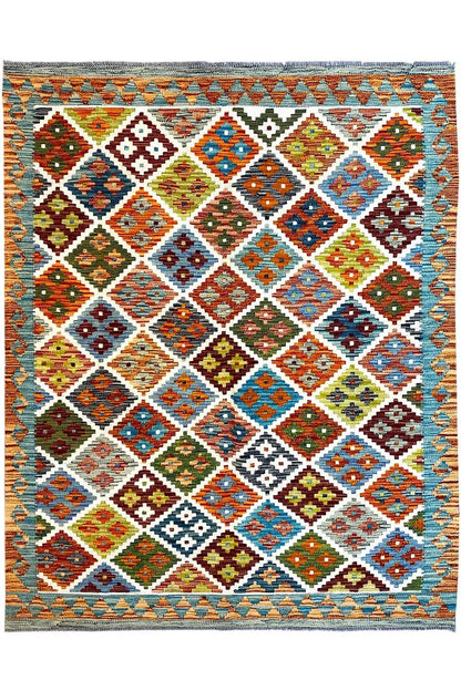 Kilim rug 198×147 cm, square diamond and checkered pattern with colorful hues