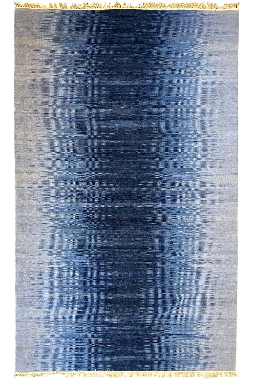Blue kilim dhurrie rug, rectangular, with a gold-colored border and fringes