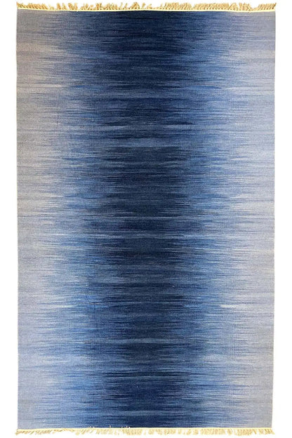 Blue kilim dhurrie rug, rectangular, with a gold-colored border and fringes
