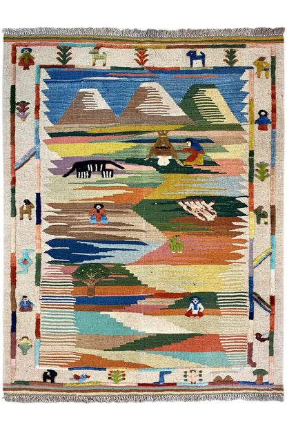 Kilim Qashqai rug with central landscape motif, multicolored, approx. 151x104 cm