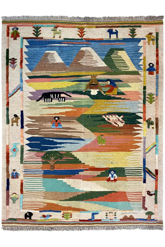 Kilim Qashqai rug with central landscape motif, multicolored, approx. 151x104 cm