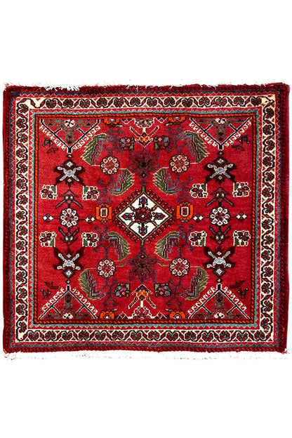 Front view: red rug with a central medallion, border, and fringed edge