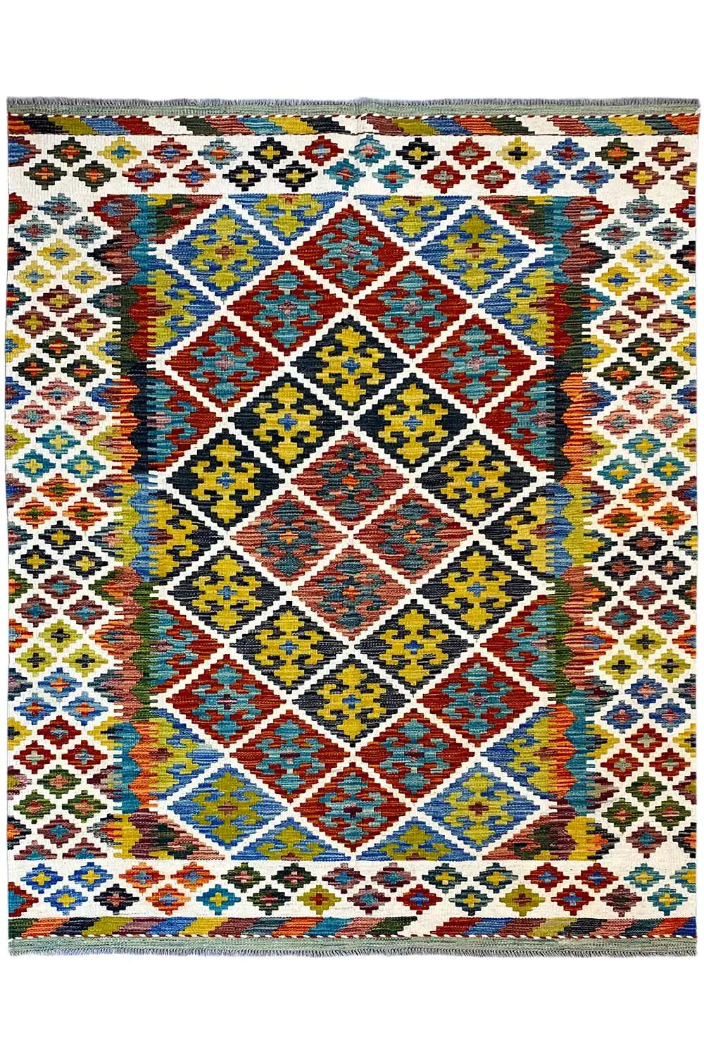 Afghan kilim with a geometric pattern in multicolored hues and a border all around
