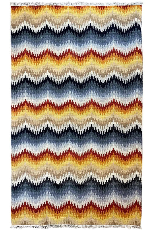 Modern kilim rug 160x230 cm, rectangular, zigzag pattern in blue and orange