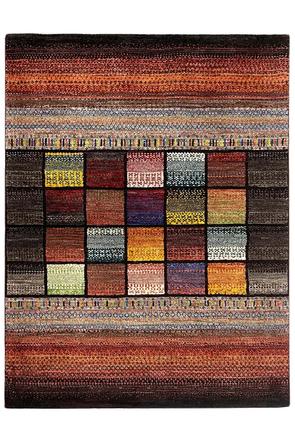 Gabbeh Lori rug, rectangular, multicolored patchwork with border