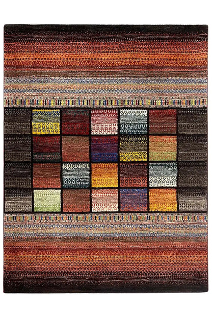Gabbeh Lori rug, rectangular, multicolored patchwork with border