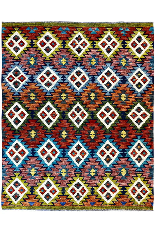 Kilim Afghan rug with diamond and zigzag patterns, multicolored