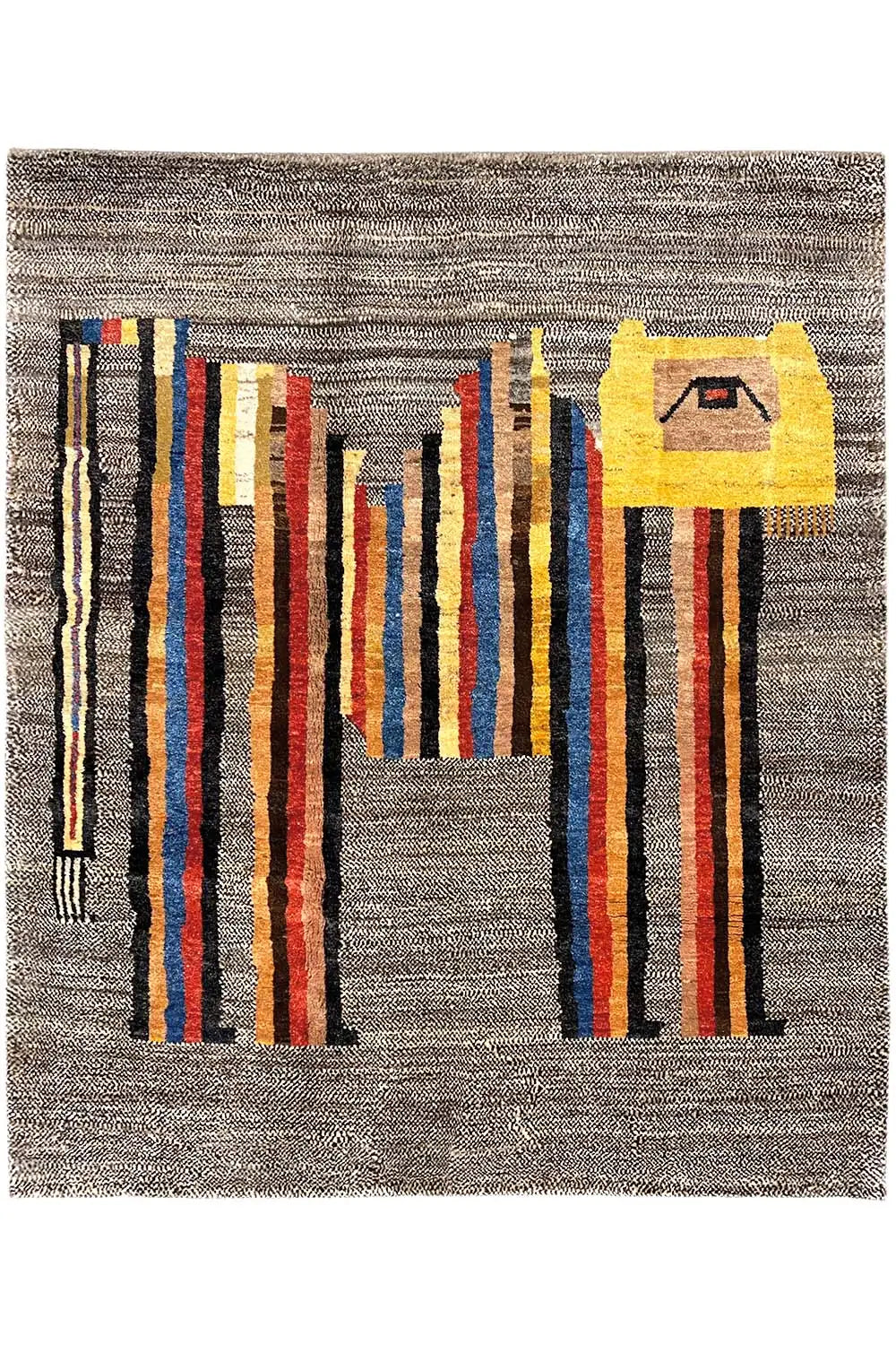 Low-pile rug with a gray base, multicolored stripes, and a yellow motif in the upper right.