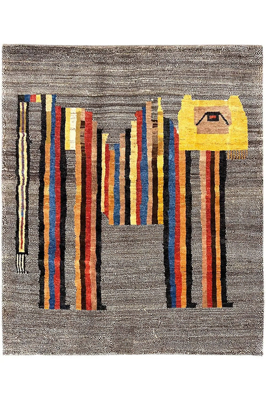 Low-pile rug with a gray base, multicolored stripes, and a yellow motif in the upper right.