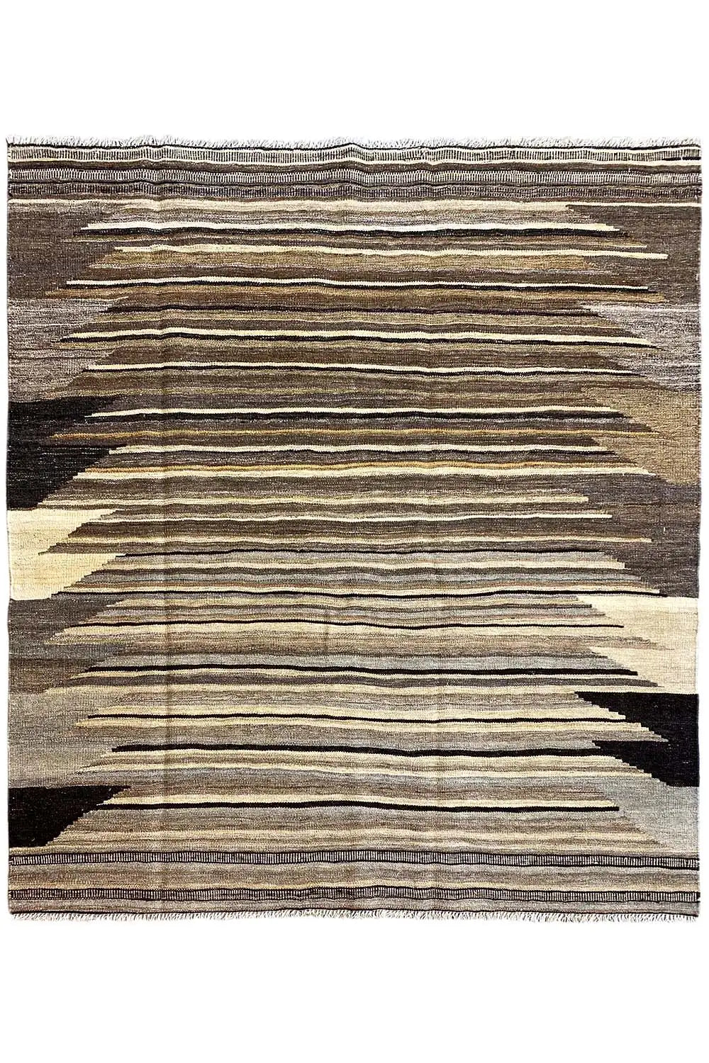 Flatweave rug with horizontal lines in brown and beige
