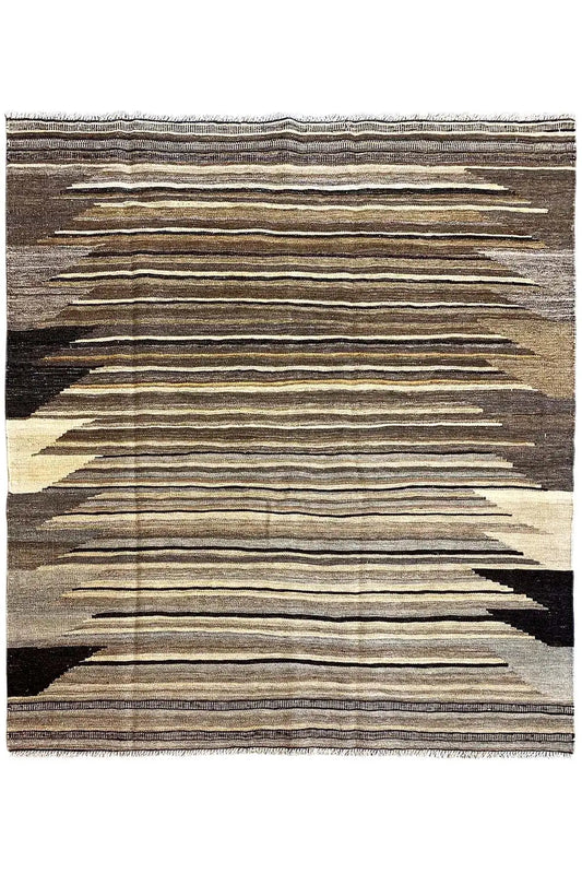 Flatweave rug with horizontal lines in brown and beige
