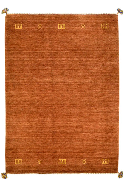 Rectangular brown Gabbeh flatweave rug with subtle gold ornaments and corner fringes