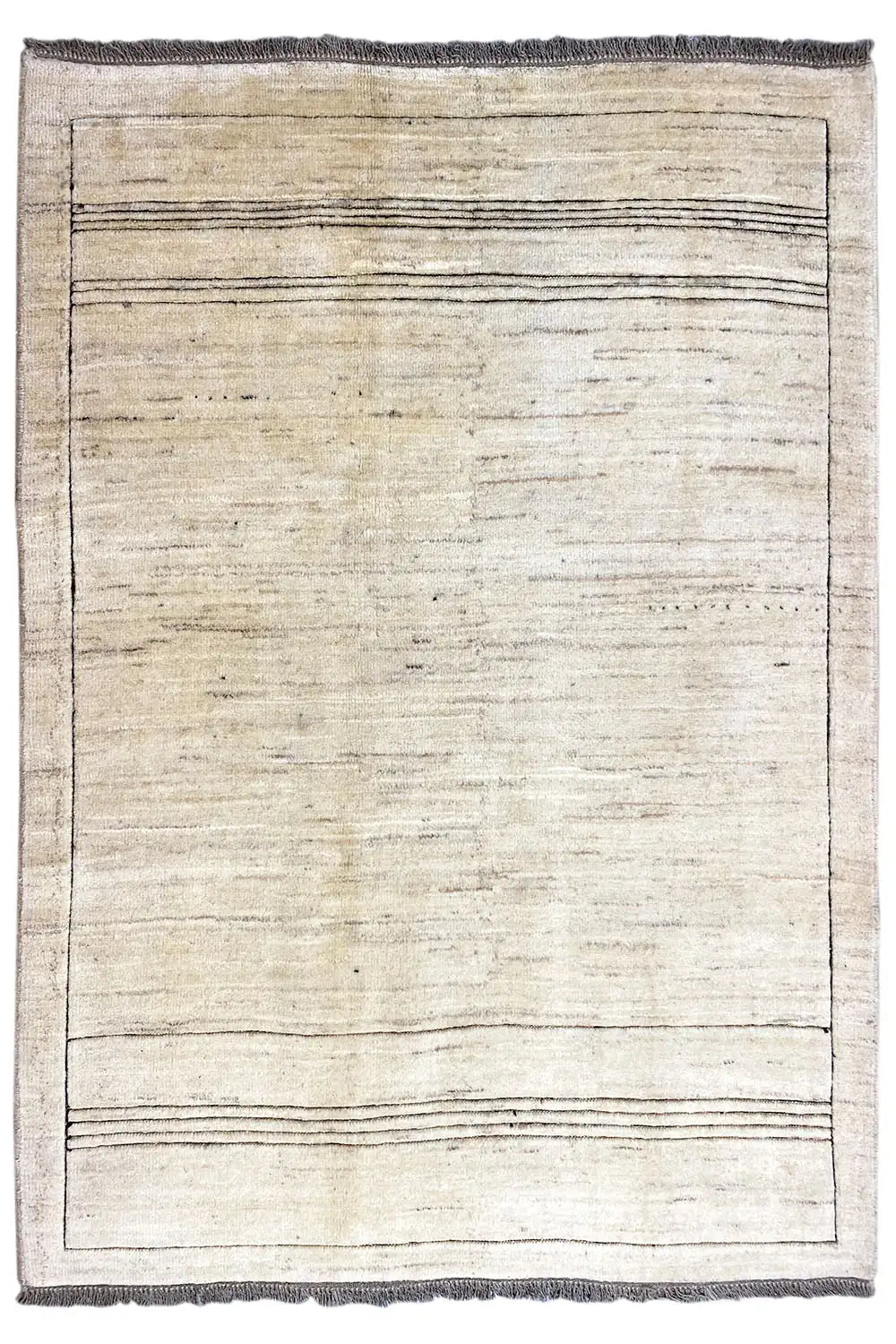 Gabbeh rug 178×132 cm in a beige tone with simple lines and fringes along the edge