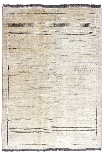 Gabbeh rug 178×132 cm in a beige tone with simple lines and fringes along the edge