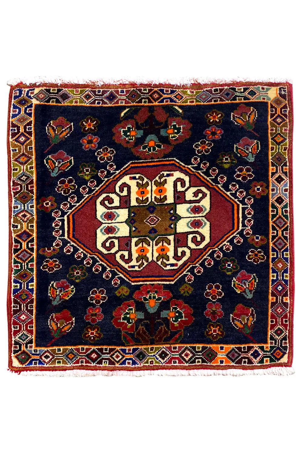 Poschti Qashqai rug (59 x 58 cm), dark blue with a medallion and white fringed border