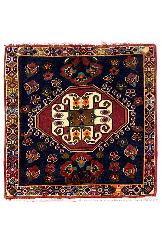 Poschti Qashqai rug (59 x 58 cm), dark blue with a medallion and white fringed border