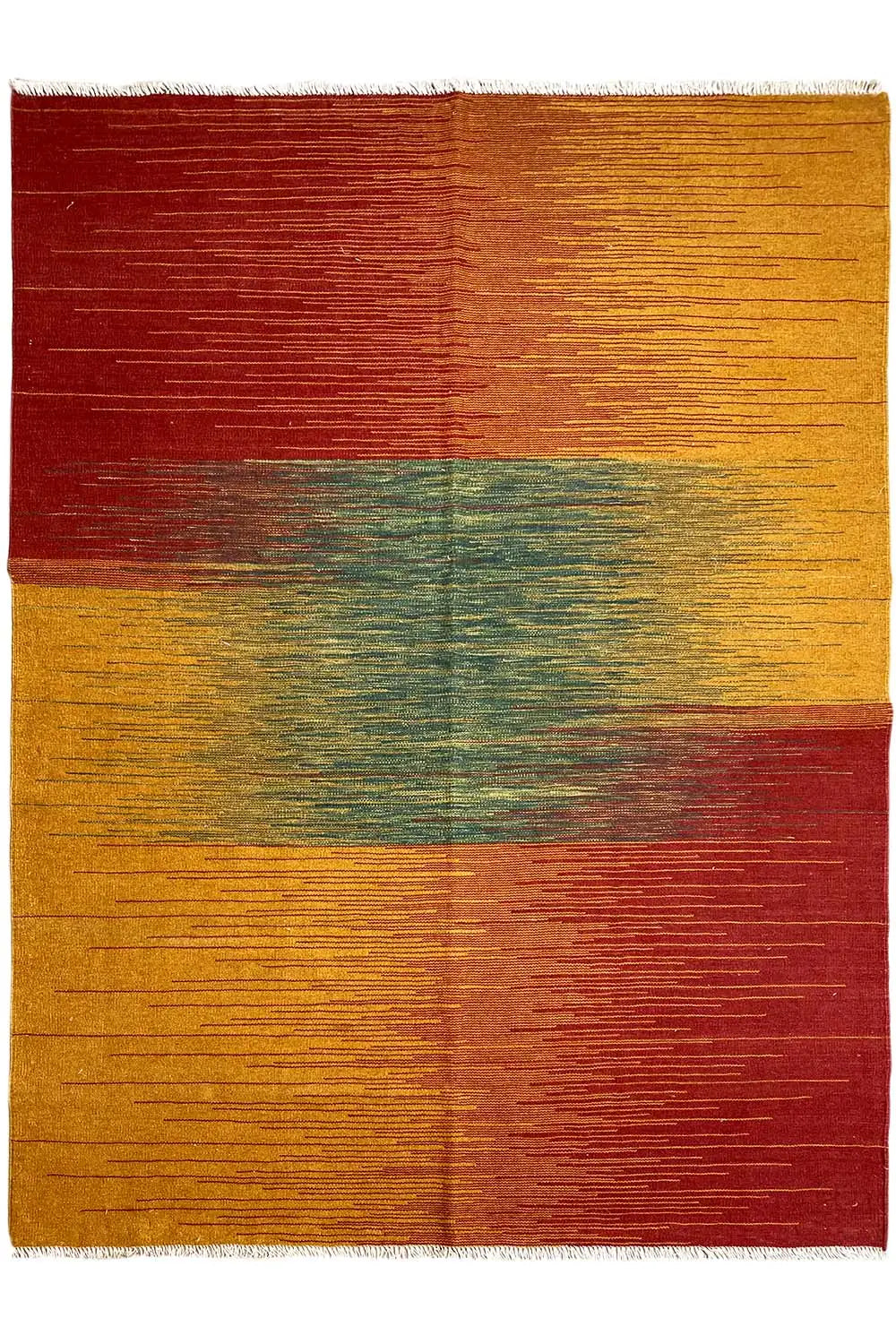 Kilim rug with block-like color fields in burgundy, mustard, and petrol, rectangular