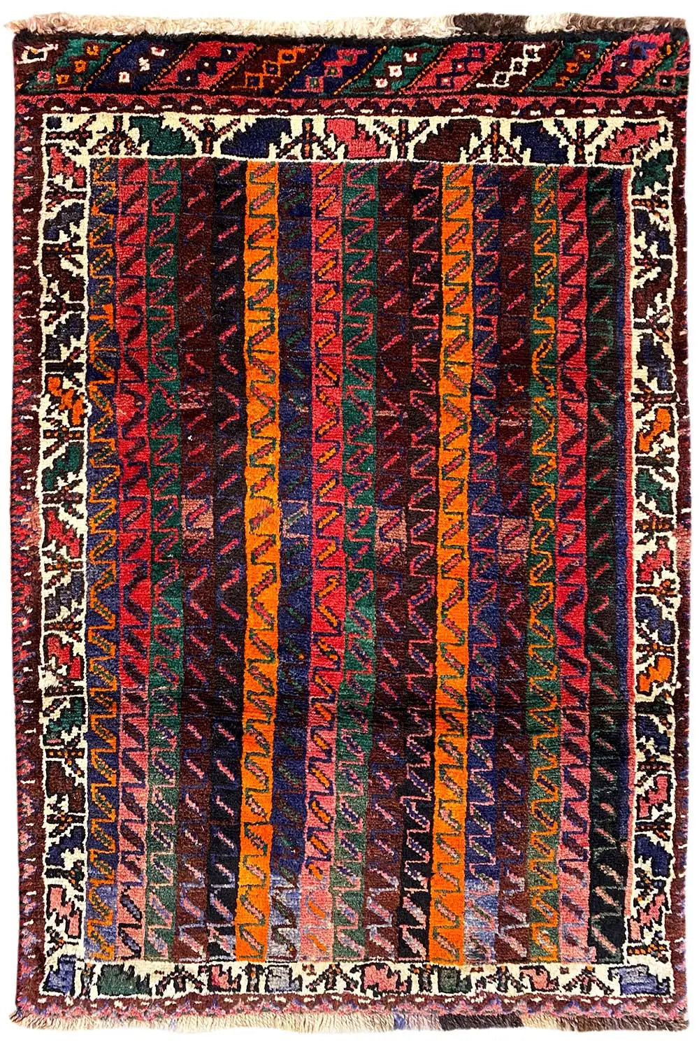 Square Shiraz-Qashqai oriental rug with a central stripe pattern, border and fringes