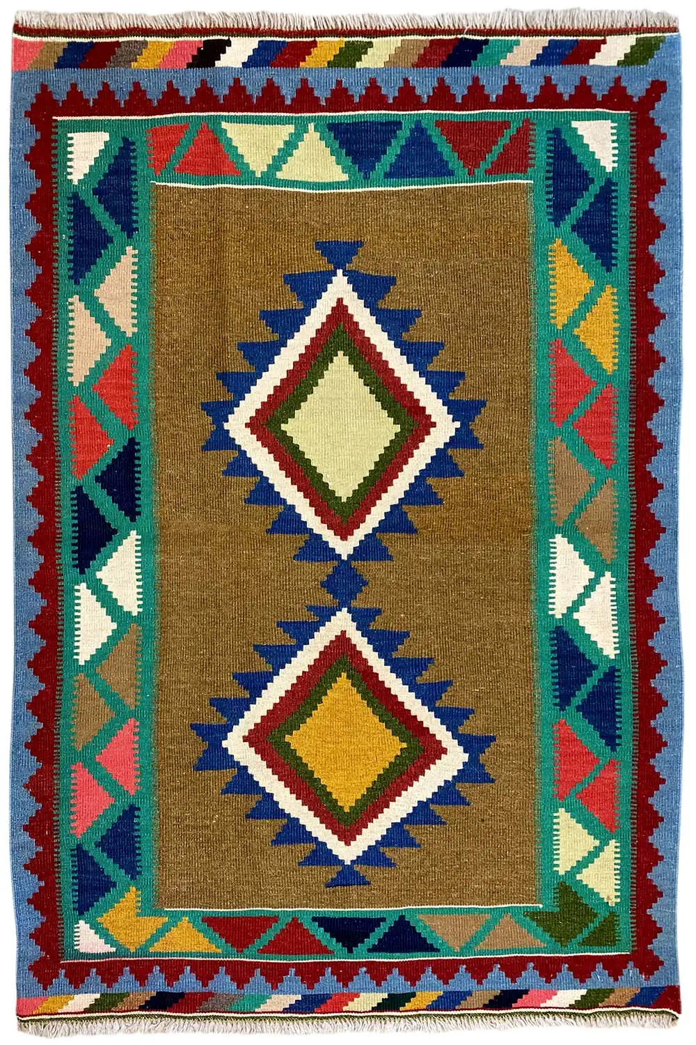 Kilim Qashqai rug, multicolored, with a diamond pattern in the brown field and a surrounding border