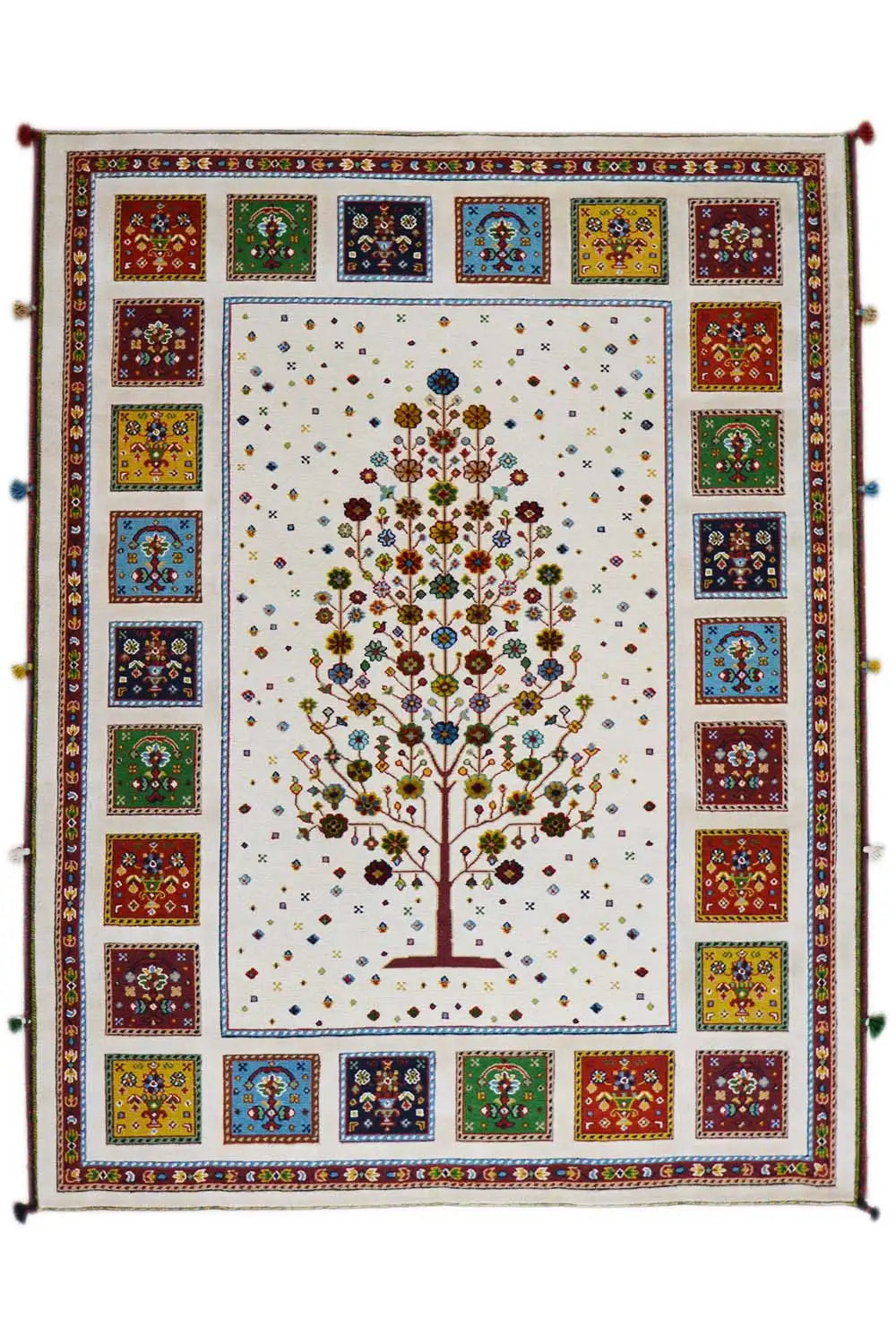 Rug with a central tree motif, white background, and rectangular tiled border