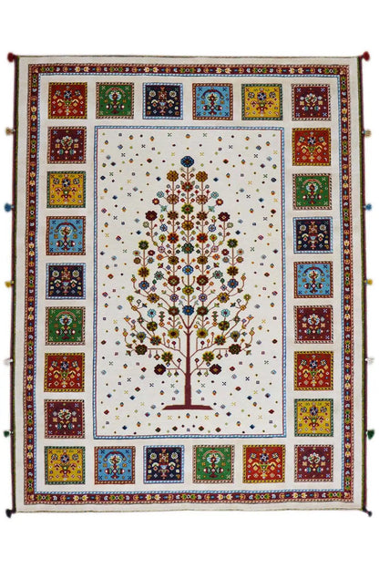 Rug with a central tree motif, white background, and rectangular tiled border