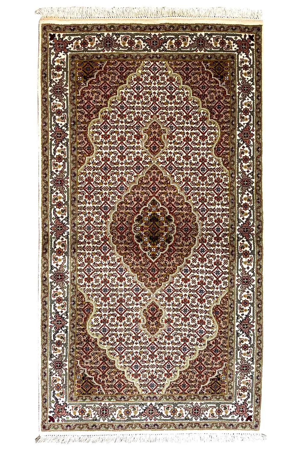 Indo Tabriz rug: rectangular, dark red-brown medallion with a white vine pattern.