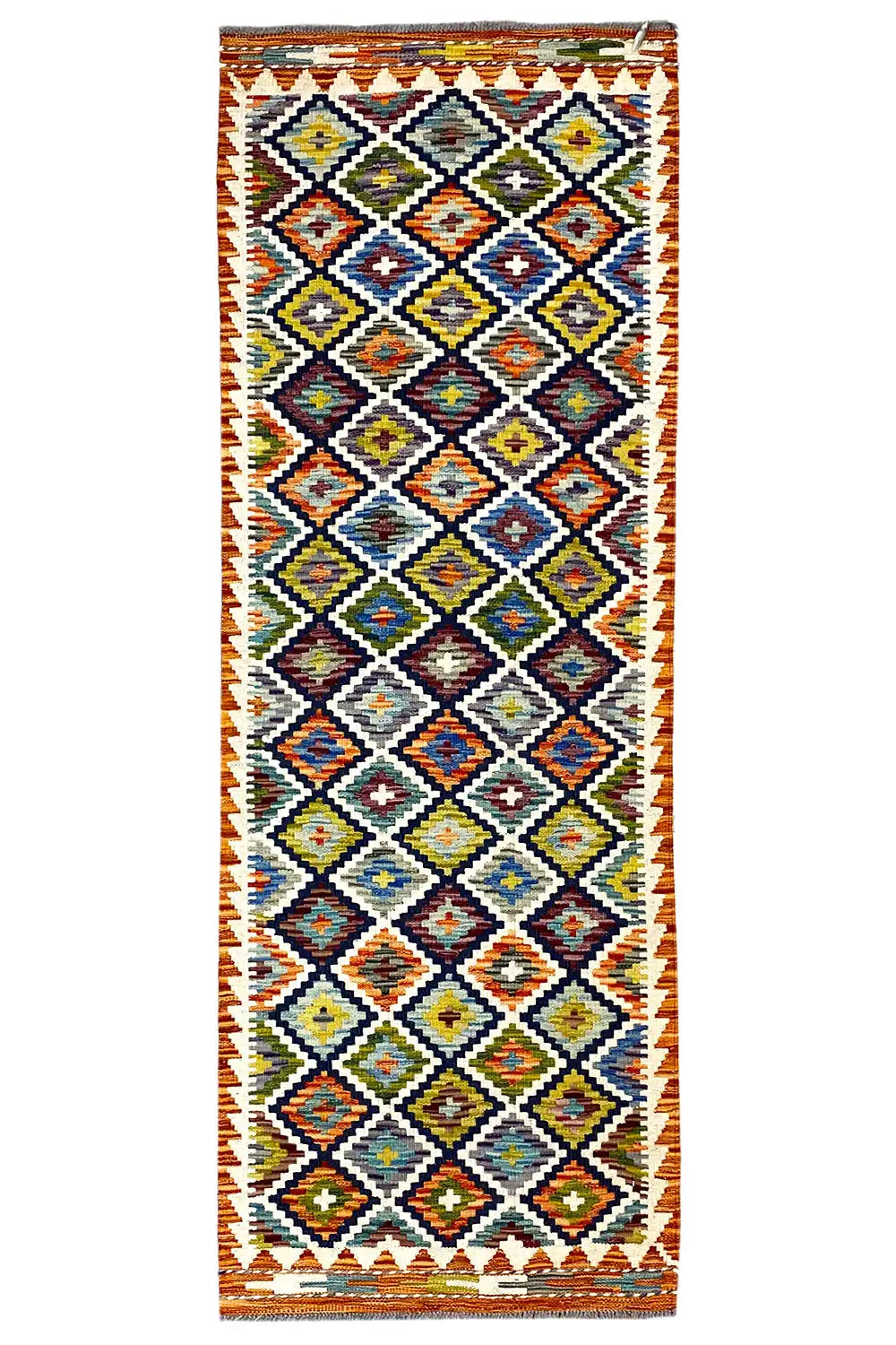 Rectangular kilim runner with a colorful diamond and zigzag pattern